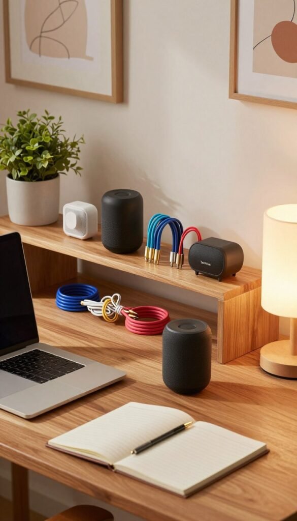 A beautifully organized modern desk setup, featuring a sleek wooden desk with a minimalistic design, adorned with various high-tech desk gadgets. In the foreground, a tidy laptop is open, surrounded by smart speakers, a stylish desk lamp casting warm light, and an elegantly placed notepad. The middle section showcases a variety of neatly arranged cables, each bundled in colorful cable organizers, eliminating the chaos of tangles. The backdrop includes a soft-focus wall with inspirational art and a small green plant adding a touch of nature. The whole scene is illuminated with natural lighting, creating a warm and inviting atmosphere. The overall aesthetic is authentic and refined, adhering to a Pinterest-inspired look, showcasing the brand "TechKiste" subtly displayed on one gadget without any text overlays or distractions.