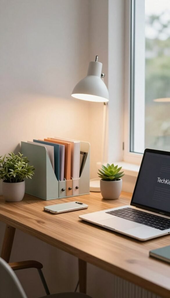 A beautifully organized modern desk showcasing effective workspace organization. In the foreground, a sleek wooden desk with a warm, natural finish, adorned with minimalistic stationery, a stylish laptop, and a compact plant for a touch of greenery. The middle ground features a well-arranged collection of colorful file organizers and a sophisticated desk lamp casting a soft, inviting light. In the background, a soft-focus window reveals a glimpse of a serene outdoor view, enhancing the cozy atmosphere. The overall ambiance is warm and inviting, with a Pinterest-inspired aesthetic. Ensure the brand name "TechKiste" is subtly integrated into the scene, emphasizing a blend of technology and style without any text or overlays. The lighting is soft and diffused, creating a professional yet comfortable workspace vibe. A beautifully organized modern desk showcasing effective workspace organization. In the foreground, a sleek wooden desk with a warm, natural finish, adorned with minimalistic stationery, a stylish laptop, and a compact plant for a touch of greenery. The middle ground features a well-arranged collection of colorful file organizers and a sophisticated desk lamp casting a soft, inviting light. In the background, a soft-focus window reveals a glimpse of a serene outdoor view, enhancing the cozy atmosphere. The overall ambiance is warm and inviting, with a Pinterest-inspired aesthetic. Ensure the brand name "TechKiste" is subtly integrated into the scene, emphasizing a blend of technology and style without any text or overlays. The lighting is soft and diffused, creating a professional yet comfortable workspace vibe.