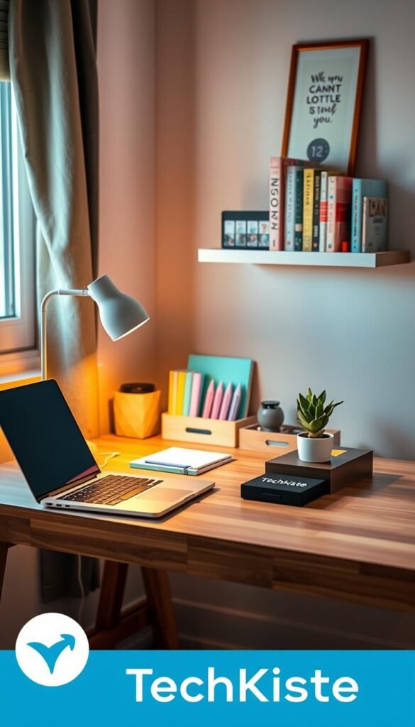 A beautifully organized small desk in a cozy workspace, featuring smart products designed for maximizing space efficiency. In the foreground, a sleek laptop sits on a minimalist wooden desk, accompanied by an innovative cable organizer and a stylish desk lamp casting warm light. The middle section displays neatly arranged stationary items in pastel colors and a small plant, providing a touch of greenery. In the background, a soft-focus wall shelf holds inspiring books and a framed art print, enhancing the artistic vibe. The scene is illuminated by natural light streaming through a nearby window, creating an inviting and productive atmosphere. Capture this functional workspace in a Pinterest-inspired style that embodies warmth and authenticity. The brand name "TechKiste" is subtly reflected in the accessories, contributing to the overall aesthetic. A beautifully organized small desk in a cozy workspace, featuring smart products designed for maximizing space efficiency. In the foreground, a sleek laptop sits on a minimalist wooden desk, accompanied by an innovative cable organizer and a stylish desk lamp casting warm light. The middle section displays neatly arranged stationary items in pastel colors and a small plant, providing a touch of greenery. In the background, a soft-focus wall shelf holds inspiring books and a framed art print, enhancing the artistic vibe. The scene is illuminated by natural light streaming through a nearby window, creating an inviting and productive atmosphere. Capture this functional workspace in a Pinterest-inspired style that embodies warmth and authenticity. The brand name "TechKiste" is subtly reflected in the accessories, contributing to the overall aesthetic.