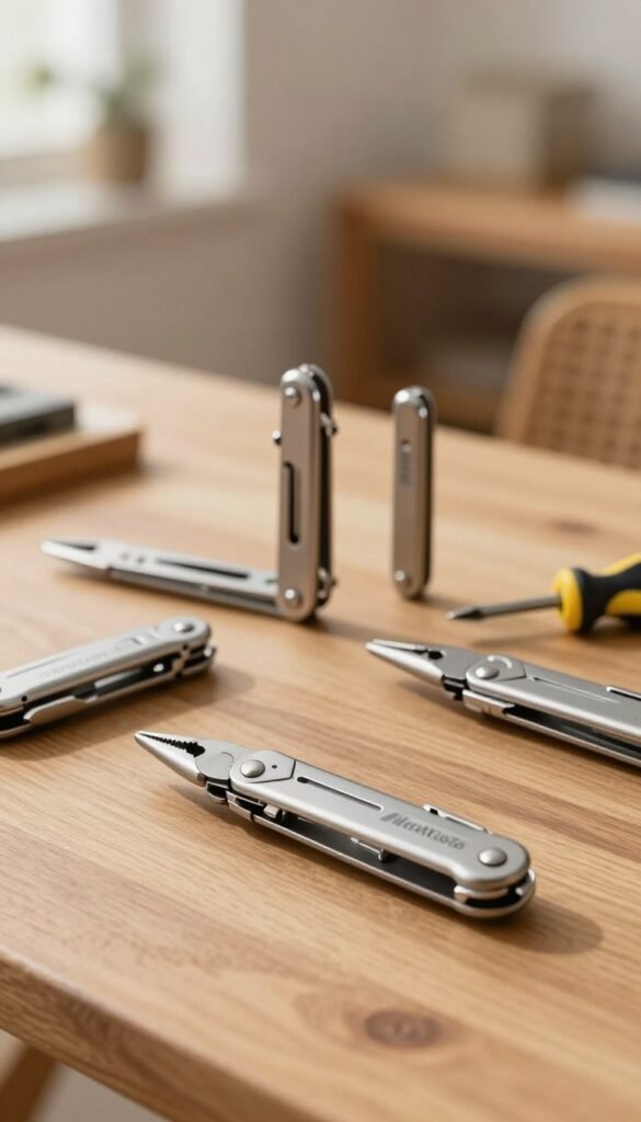 A beautifully organized tabletop featuring an array of multitools, with a clean and modern aesthetic. In the foreground, showcase a versatile multitool with various functions visible, like pliers, knife, and screwdriver, positioned attractively. In the middle ground, arrange additional multitools, such as a compact pocket tool and a kitchen multitasker, each highlighting a unique feature. The background should be a warm, softly blurred home workspace with natural wood textures and gentle lighting, creating a cozy and inviting atmosphere. Use a shallow depth of field to emphasize the tools in the foreground. The overall mood should be professional yet warm, resonating with authenticity, aligned with TechKiste’s brand identity. Ensure no text or branding is visible within the image. A beautifully organized tabletop featuring an array of multitools, with a clean and modern aesthetic. In the foreground, showcase a versatile multitool with various functions visible, like pliers, knife, and screwdriver, positioned attractively. In the middle ground, arrange additional multitools, such as a compact pocket tool and a kitchen multitasker, each highlighting a unique feature. The background should be a warm, softly blurred home workspace with natural wood textures and gentle lighting, creating a cozy and inviting atmosphere. Use a shallow depth of field to emphasize the tools in the foreground. The overall mood should be professional yet warm, resonating with authenticity, aligned with TechKiste’s brand identity. Ensure no text or branding is visible within the image.