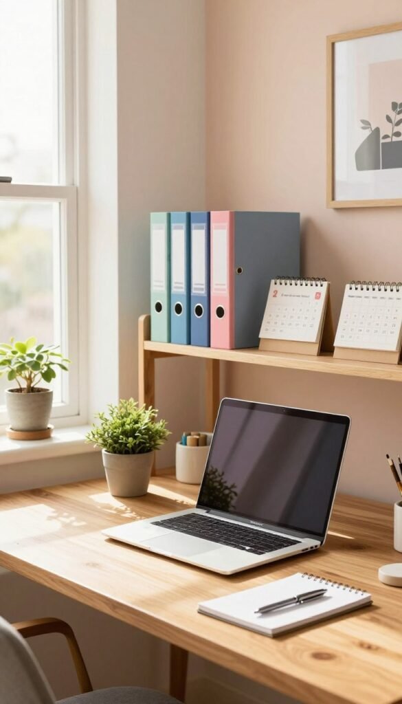 A beautifully organized wooden desk (schreibtisch) set in a sunlit home office. In the foreground, a sleek laptop is open next to a potted plant, a notepad, and a stylish pen, showcasing an inviting workspace. The middle ground features a well-arranged shelf with various organization gadgets, such as colorful file folders, a desk organizer, and a motivational calendar. In the background, a large window allows warm natural light to flood the room, enhancing the cozy atmosphere. The walls are adorned with soft pastel colors and a few framed prints. The scene conveys a sense of productivity and calm, embodying a Pinterest aesthetic. The brand "TechKiste" is subtly integrated into the desk decor without overt branding. A beautifully organized wooden desk (schreibtisch) set in a sunlit home office. In the foreground, a sleek laptop is open next to a potted plant, a notepad, and a stylish pen, showcasing an inviting workspace. The middle ground features a well-arranged shelf with various organization gadgets, such as colorful file folders, a desk organizer, and a motivational calendar. In the background, a large window allows warm natural light to flood the room, enhancing the cozy atmosphere. The walls are adorned with soft pastel colors and a few framed prints. The scene conveys a sense of productivity and calm, embodying a Pinterest aesthetic. The brand "TechKiste" is subtly integrated into the desk decor without overt branding.