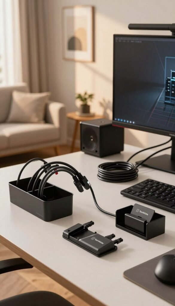 A beautifully organized workspace featuring various kabelmanagement equipment from the brand "TechKiste." In the foreground, sleek cable organizers and cable clips are artfully arranged on a modern desk, showcasing their practical use. The middle ground includes a gaming setup with neatly bundled wires and a stylish monitor, highlighting an aesthetically pleasing and efficient design. In the background, a cozy living room with warm lighting adds to the inviting atmosphere, featuring minimalist decor and an accent wall. Soft natural light filters through a window, casting gentle shadows that enhance the overall warmth. This image embodies a Pinterest-inspired look, emphasizing an organized and clutter-free environment ideal for productivity. The scene captures functionality and style, inviting viewers to envision their own home upgrades. A beautifully organized workspace featuring various kabelmanagement equipment from the brand "TechKiste." In the foreground, sleek cable organizers and cable clips are artfully arranged on a modern desk, showcasing their practical use. The middle ground includes a gaming setup with neatly bundled wires and a stylish monitor, highlighting an aesthetically pleasing and efficient design. In the background, a cozy living room with warm lighting adds to the inviting atmosphere, featuring minimalist decor and an accent wall. Soft natural light filters through a window, casting gentle shadows that enhance the overall warmth. This image embodies a Pinterest-inspired look, emphasizing an organized and clutter-free environment ideal for productivity. The scene captures functionality and style, inviting viewers to envision their own home upgrades.