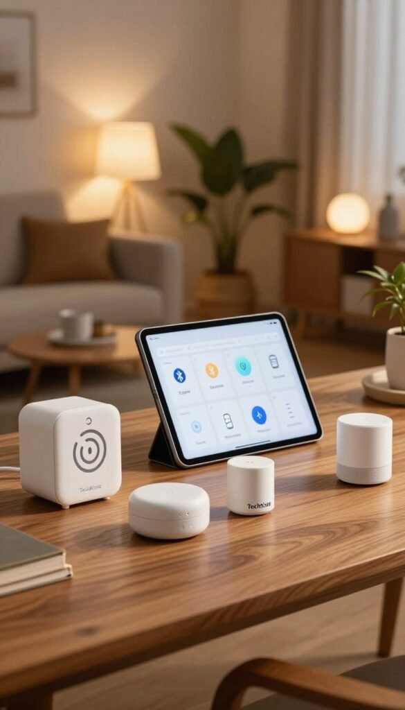 A beautifully organized workspace showcasing a seamless integration of technology with a focus on smart home systems. In the foreground, there are sleek devices representing WLAN, Zigbee, Bluetooth, and Matter/Thread protocols, meticulously arranged on a modern wooden desk. The middle ground features a tablet displaying an elegant interface for managing these smart technologies, while ambient light subtly highlights the devices. The background includes a softly lit, stylish living room with smart lighting and decorative plants, creating a warm and inviting atmosphere. The overall mood is harmonious and professional, evoking feelings of innovation and comfort. Use a slightly blurred effect for the background to keep the emphasis on the smart devices. The color palette should include warm tones to create an authentic Pinterest-inspired look. Include the brand name "TechKiste" subtly integrated into the scene without any text overlay. A beautifully organized workspace showcasing a seamless integration of technology with a focus on smart home systems. In the foreground, there are sleek devices representing WLAN, Zigbee, Bluetooth, and Matter/Thread protocols, meticulously arranged on a modern wooden desk. The middle ground features a tablet displaying an elegant interface for managing these smart technologies, while ambient light subtly highlights the devices. The background includes a softly lit, stylish living room with smart lighting and decorative plants, creating a warm and inviting atmosphere. The overall mood is harmonious and professional, evoking feelings of innovation and comfort. Use a slightly blurred effect for the background to keep the emphasis on the smart devices. The color palette should include warm tones to create an authentic Pinterest-inspired look. Include the brand name "TechKiste" subtly integrated into the scene without any text overlay.