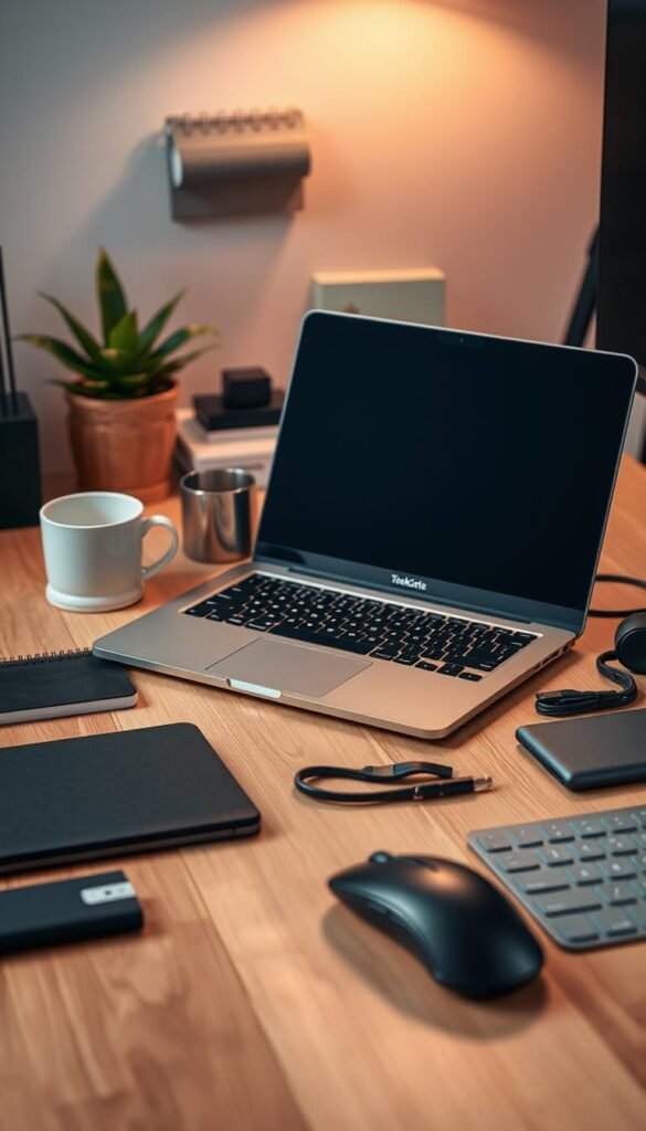 A beautifully organized workspace showcasing a stylish laptop setup, featuring high-quality accessories. In the foreground, a sleek TechKiste laptop sits atop a minimalist wooden desk, surrounded by a variety of well-designed accessories like a wireless mouse, a compact keyboard, and a chic notebook. The middle layer includes decorative elements such as a stylish coffee mug, a plant, and neatly arranged cables. The background features soft lighting that creates a warm and inviting atmosphere, highlighting the textures of the materials—like metal, wood, and fabric. Capture a Pinterest-like aesthetic with warm colors and a cozy feeling, ensuring an authentic and professional vibe without any text or overlays. A beautifully organized workspace showcasing a stylish laptop setup, featuring high-quality accessories. In the foreground, a sleek TechKiste laptop sits atop a minimalist wooden desk, surrounded by a variety of well-designed accessories like a wireless mouse, a compact keyboard, and a chic notebook. The middle layer includes decorative elements such as a stylish coffee mug, a plant, and neatly arranged cables. The background features soft lighting that creates a warm and inviting atmosphere, highlighting the textures of the materials—like metal, wood, and fabric. Capture a Pinterest-like aesthetic with warm colors and a cozy feeling, ensuring an authentic and professional vibe without any text or overlays.