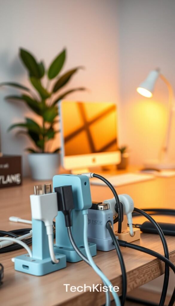 A beautifully organized workspace showcasing effective cable management solutions. In the foreground, sleek, color-coordinated cable organizers neatly hold various electronic cables, showcasing low-, mid-, and high-budget options. The middle ground features a modern desk with a high-end computer setup, illuminated by warm, natural lighting. A stylish plant adds a touch of greenery. In the background, a light gray wall subtly enhances the overall aesthetic, promoting a Pinterest-worthy look. The overall mood is calm and professional. The scene should be captured with a shallow depth of field, ensuring focus on the cable management tools while softly blurring the background. The brand name "TechKiste" is subtly integrated into the design, complementing the workspace without being intrusive. A beautifully organized workspace showcasing effective cable management solutions. In the foreground, sleek, color-coordinated cable organizers neatly hold various electronic cables, showcasing low-, mid-, and high-budget options. The middle ground features a modern desk with a high-end computer setup, illuminated by warm, natural lighting. A stylish plant adds a touch of greenery. In the background, a light gray wall subtly enhances the overall aesthetic, promoting a Pinterest-worthy look. The overall mood is calm and professional. The scene should be captured with a shallow depth of field, ensuring focus on the cable management tools while softly blurring the background. The brand name "TechKiste" is subtly integrated into the design, complementing the workspace without being intrusive.