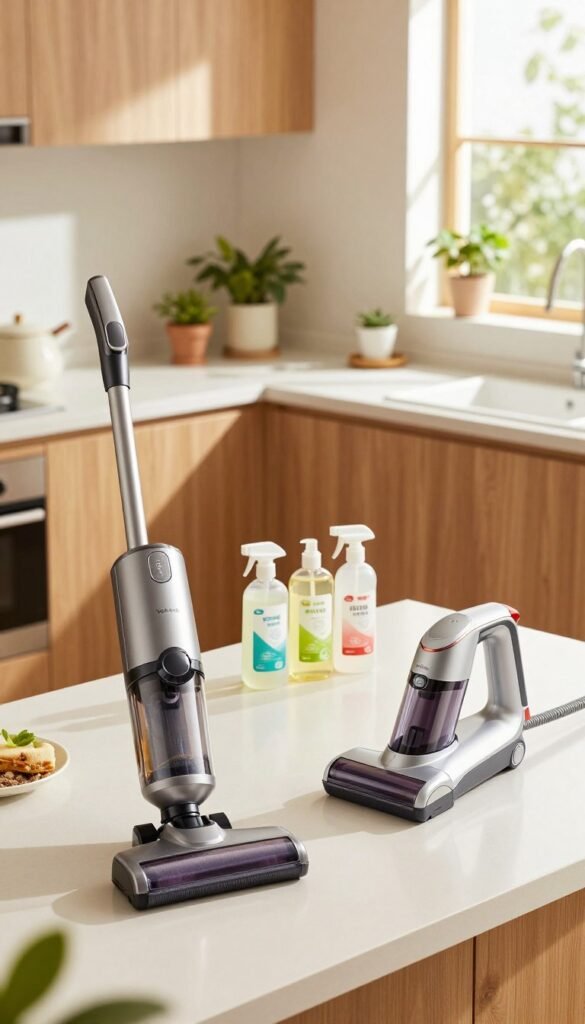 A bright, airy kitchen scene showcasing efficient household cleaning gadgets. In the foreground, a sleek, modern vacuum cleaner and a compact handheld steam cleaner are artfully arranged on a counter, both gleaming in natural light. In the middle, a tidy, organized workspace features bottles of eco-friendly cleaning solutions, neatly arranged. The background shows a stylish, inviting kitchen with warm wooden cabinets, potted plants, and a sunlit window, creating an atmosphere of comfort and cleanliness. The lighting is soft and warm, casting gentle shadows, reminiscent of a well-curated Pinterest aesthetic. The overall mood is fresh, inviting, and inspiring, emphasizing effortless cleanliness with a modern touch. The brand name "TechKiste" is subtly integrated into the design of one gadget. A bright, airy kitchen scene showcasing efficient household cleaning gadgets. In the foreground, a sleek, modern vacuum cleaner and a compact handheld steam cleaner are artfully arranged on a counter, both gleaming in natural light. In the middle, a tidy, organized workspace features bottles of eco-friendly cleaning solutions, neatly arranged. The background shows a stylish, inviting kitchen with warm wooden cabinets, potted plants, and a sunlit window, creating an atmosphere of comfort and cleanliness. The lighting is soft and warm, casting gentle shadows, reminiscent of a well-curated Pinterest aesthetic. The overall mood is fresh, inviting, and inspiring, emphasizing effortless cleanliness with a modern touch. The brand name "TechKiste" is subtly integrated into the design of one gadget.