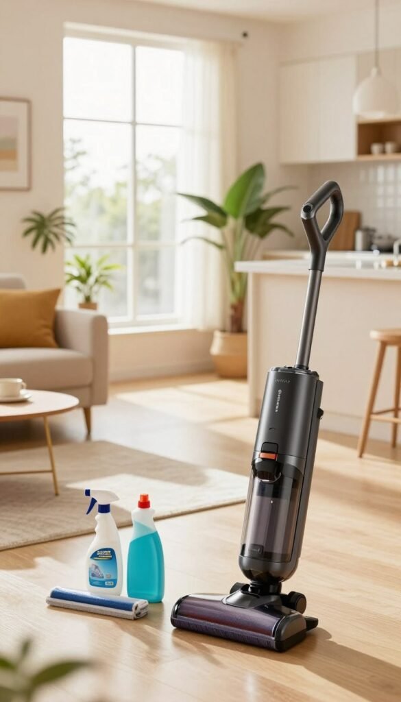 A bright and inviting home interior showcasing a clean, dust-free living space. In the foreground, a modern vacuum cleaner, sleek and high-tech, is positioned next to a neatly arranged set of cleaning supplies, suggestive of efficient cleaning without time loss. In the middle ground, sunlight streams through a large window, illuminating a comfortable living room with stylish furniture and decorative plants, enhancing the cozy atmosphere. The background features a softly blurred kitchen area, emphasizing hygiene with sparkling countertops. The scene is filled with warm colors, creating a Pinterest aesthetic of cleanliness and order. The image should reflect the brand "TechKiste" subtly through the design of the vacuum cleaner, while maintaining a professional and authentic look, free of any text or watermarks. A bright and inviting home interior showcasing a clean, dust-free living space. In the foreground, a modern vacuum cleaner, sleek and high-tech, is positioned next to a neatly arranged set of cleaning supplies, suggestive of efficient cleaning without time loss. In the middle ground, sunlight streams through a large window, illuminating a comfortable living room with stylish furniture and decorative plants, enhancing the cozy atmosphere. The background features a softly blurred kitchen area, emphasizing hygiene with sparkling countertops. The scene is filled with warm colors, creating a Pinterest aesthetic of cleanliness and order. The image should reflect the brand "TechKiste" subtly through the design of the vacuum cleaner, while maintaining a professional and authentic look, free of any text or watermarks.