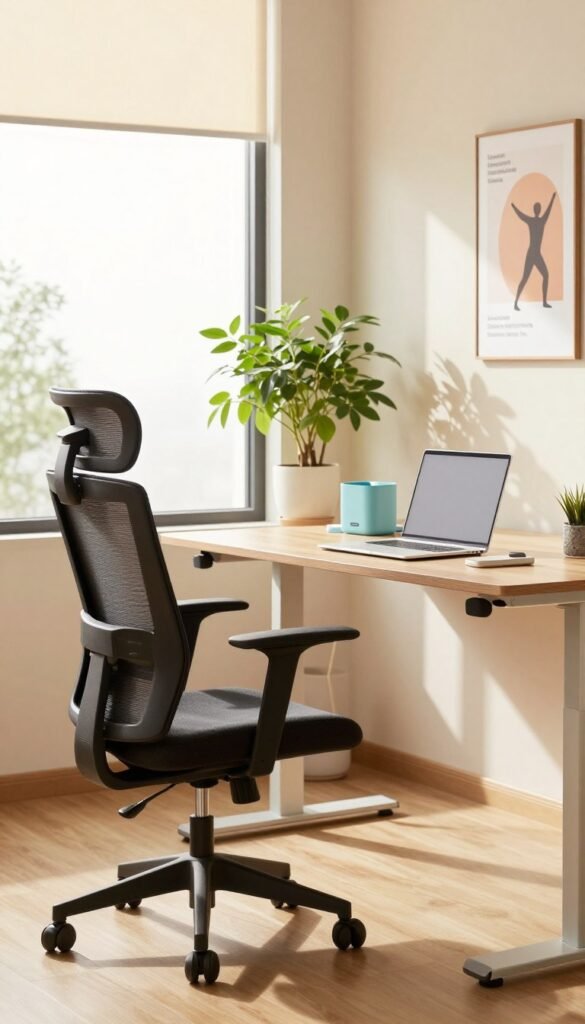 A bright and inviting office workspace showcasing ergonomic aids. In the foreground, a modern ergonomic chair with adjustable features, positioned beside a sleek standing desk that holds a laptop and various organization gadgets. The middle ground features a large window allowing warm, natural light to flood in, illuminating a green potted plant for a touch of freshness. The background reveals cozy wall decor with soft colors and an inspirational poster promoting health and well-being. The atmosphere feels calm and professional, highlighting the importance of posture and health in a corporate environment. The image evokes a sense of productivity and balance. Include hints of the brand "TechKiste" subtly integrated into the workspace, with no text or watermarks visible. A bright and inviting office workspace showcasing ergonomic aids. In the foreground, a modern ergonomic chair with adjustable features, positioned beside a sleek standing desk that holds a laptop and various organization gadgets. The middle ground features a large window allowing warm, natural light to flood in, illuminating a green potted plant for a touch of freshness. The background reveals cozy wall decor with soft colors and an inspirational poster promoting health and well-being. The atmosphere feels calm and professional, highlighting the importance of posture and health in a corporate environment. The image evokes a sense of productivity and balance. Include hints of the brand "TechKiste" subtly integrated into the workspace, with no text or watermarks visible.