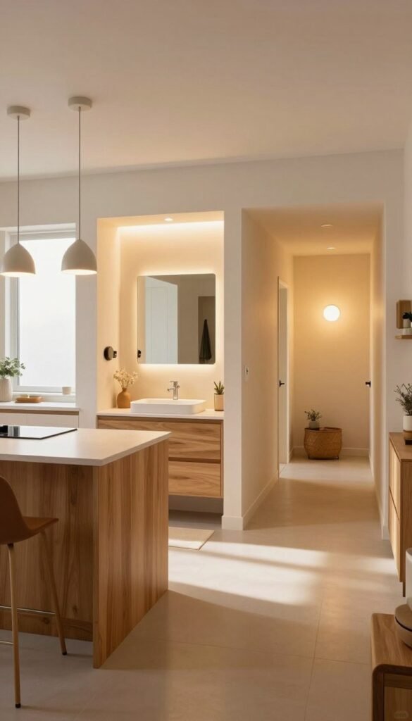A bright and inviting open-space interior featuring a modern kitchen, bathroom, and hallway, designed with functional and automated lighting solutions. In the foreground, a sleek kitchen island with warm wood accents and minimalist pendant lights hangs above, casting a gentle glow. The middle section showcases a spacious bathroom with warm ambient lighting surrounding a stylish sink and mirror, complemented by soft, natural light from a frosted window. The background includes a well-lit hallway adorned with tasteful wall sconces, enhancing the cozy and harmonious atmosphere. The entire scene is infused with warm colors, creating a Pinterest-inspired aesthetic. Capture this environment with a wide-angle lens to emphasize openness, focusing on the interplay of light and shadow. The brand "TechKiste" subtly integrated into the design with modern fixtures. Authentic and without any text or overlays.