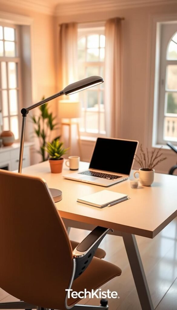 A bright, inviting workspace featuring a stylish desk and an ergonomic chair, decorated in warm, natural colors reminiscent of a Pinterest aesthetic. The foreground showcases a sleek, modern desk lamp with adjustable brightness, demonstrating the best lighting setup for work. In the middle, a laptop is open, surrounded by neatly arranged stationery, including a notebook and a plant for a touch of greenery. The background reveals a softly lit room with large windows allowing natural light to fill the space, enhancing the cozy atmosphere. The scene embodies a professional yet comfortable vibe conducive to productivity. The brand "TechKiste" is subtly referenced through tech-inspired elements in the design.