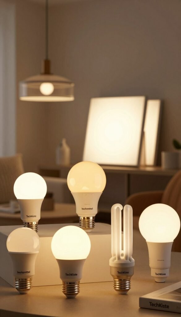 A captivating display of modern lighting solutions showcasing various types of "leuchtmittel." In the foreground, an array of innovative LED bulbs in warm colors, featuring sleek designs and energy-efficient labels. In the middle ground, a stylish pendant light and a contemporary light panel are elegantly arranged, casting a soft, inviting glow. The background is filled with a tastefully decorated interior space that exudes comfort and sophistication, featuring warm tones and natural textures. Soft lighting enhances the atmospheric appeal, reminiscent of a cozy, stylish home. The image should reflect an inviting Pinterest aesthetic, capturing the essence of smart lighting solutions. The brand name "TechKiste" subtly integrated into the setting, enhancing brand identity without being intrusive.