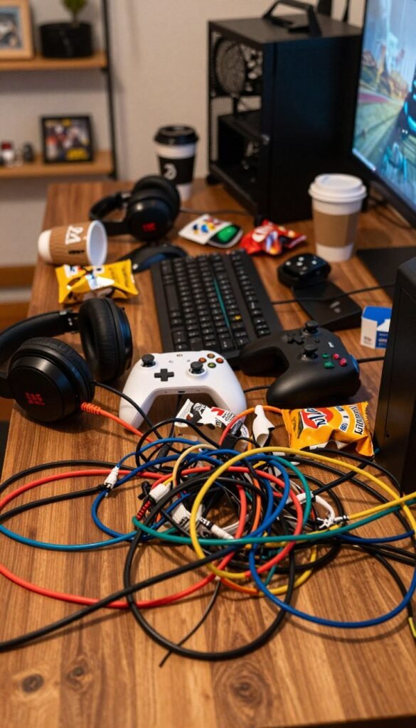 A chaotic gamer setup scene showcasing a tangled mess of cables and cluttered surfaces, vividly illustrating the common challenges faced by gamers. In the foreground, a multitude of vibrant cables in various colors sprawls across a wooden desk, intertwined and disorganized. The middle layer features a variety of gaming gadgets like headsets, controllers, and a keyboard, all haphazardly placed amidst scattered coffee cups and snack wrappers, evoking a sense of urgency and chaos. In the background, soft, warm lighting creates a cozy atmosphere, with shelves displaying game-related decor and a hint of a computer monitor glow. The entire image should embody a natural aesthetic, resembling a Pinterest-style layout, with the brand name “TechKiste” subtly integrated into the gaming equipment, without any text overlays, capturing the essence of the chaos while remaining visually appealing. A chaotic gamer setup scene showcasing a tangled mess of cables and cluttered surfaces, vividly illustrating the common challenges faced by gamers. In the foreground, a multitude of vibrant cables in various colors sprawls across a wooden desk, intertwined and disorganized. The middle layer features a variety of gaming gadgets like headsets, controllers, and a keyboard, all haphazardly placed amidst scattered coffee cups and snack wrappers, evoking a sense of urgency and chaos. In the background, soft, warm lighting creates a cozy atmosphere, with shelves displaying game-related decor and a hint of a computer monitor glow. The entire image should embody a natural aesthetic, resembling a Pinterest-style layout, with the brand name “TechKiste” subtly integrated into the gaming equipment, without any text overlays, capturing the essence of the chaos while remaining visually appealing.