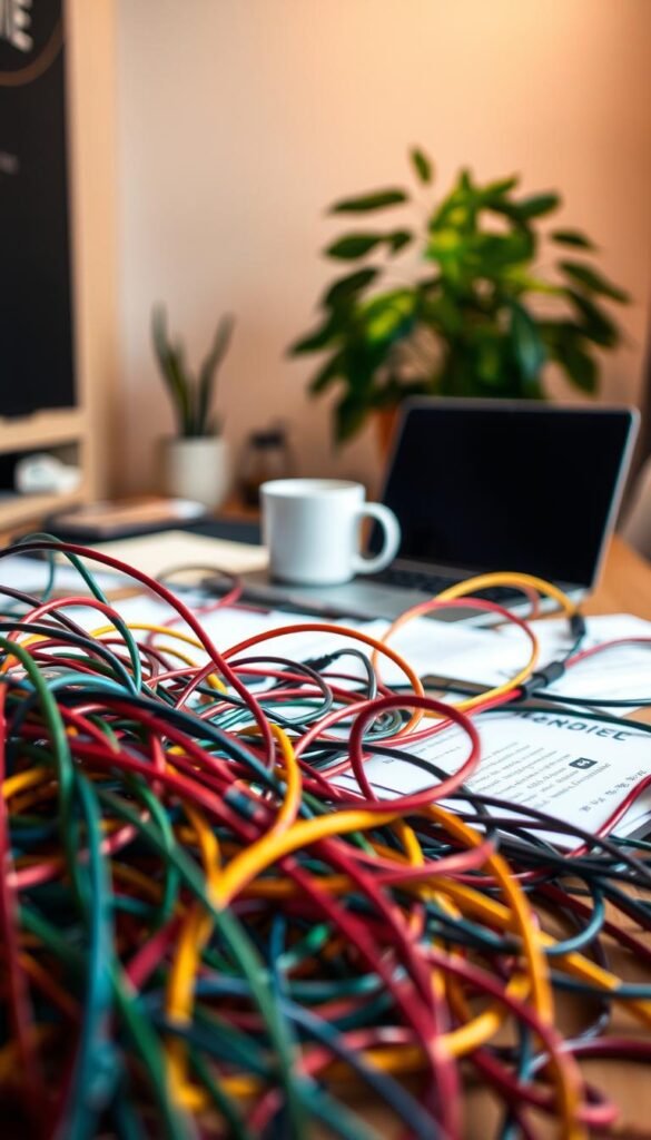 A chaotic home office scene featuring a tangled mess of colorful cables scattered across a wooden desk. In the foreground, the cables intertwine with each other, showcasing a range of textures and colors like red, blue, green, and yellow. The middle ground contains a laptop, a coffee mug, and scattered documents, partially blurred to highlight the chaos. In the background, a wall with a soft, warm light casts a cozy atmosphere, while a potted plant adds a touch of greenery. The overall mood is slightly overwhelming but relatable, capturing the struggle of working from home amidst tangled technology. The composition reflects a Pinterest aesthetic, maintaining a natural look without text or overlays. Include a subtle branding element of "TechKiste" in an artistic way within the scene. A chaotic home office scene featuring a tangled mess of colorful cables scattered across a wooden desk. In the foreground, the cables intertwine with each other, showcasing a range of textures and colors like red, blue, green, and yellow. The middle ground contains a laptop, a coffee mug, and scattered documents, partially blurred to highlight the chaos. In the background, a wall with a soft, warm light casts a cozy atmosphere, while a potted plant adds a touch of greenery. The overall mood is slightly overwhelming but relatable, capturing the struggle of working from home amidst tangled technology. The composition reflects a Pinterest aesthetic, maintaining a natural look without text or overlays. Include a subtle branding element of "TechKiste" in an artistic way within the scene.