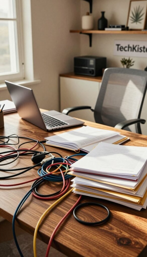 A chaotic home office scene featuring tangled cables and scattered files across a stylish wooden desk. In the foreground, highlight a jumble of cords in various colors, interspersed with open folders and papers, creating a sense of disarray. The middle ground includes a sleek laptop and a comfortable ergonomic chair, all accentuated by warm, natural lighting coming through a nearby window, casting soft shadows. In the background, display shelves adorned with tasteful decorations and tech gadgets, including a brand logo "TechKiste", showcasing premium home office decor. The atmosphere conveys a blend of professionalism marred by the chaos of everyday work life, evoking feelings of both creativity and disorganization. The overall aesthetic is warm and inviting, with a Pinterest-inspired look, and no text or watermarks present. A chaotic home office scene featuring tangled cables and scattered files across a stylish wooden desk. In the foreground, highlight a jumble of cords in various colors, interspersed with open folders and papers, creating a sense of disarray. The middle ground includes a sleek laptop and a comfortable ergonomic chair, all accentuated by warm, natural lighting coming through a nearby window, casting soft shadows. In the background, display shelves adorned with tasteful decorations and tech gadgets, including a brand logo "TechKiste", showcasing premium home office decor. The atmosphere conveys a blend of professionalism marred by the chaos of everyday work life, evoking feelings of both creativity and disorganization. The overall aesthetic is warm and inviting, with a Pinterest-inspired look, and no text or watermarks present.