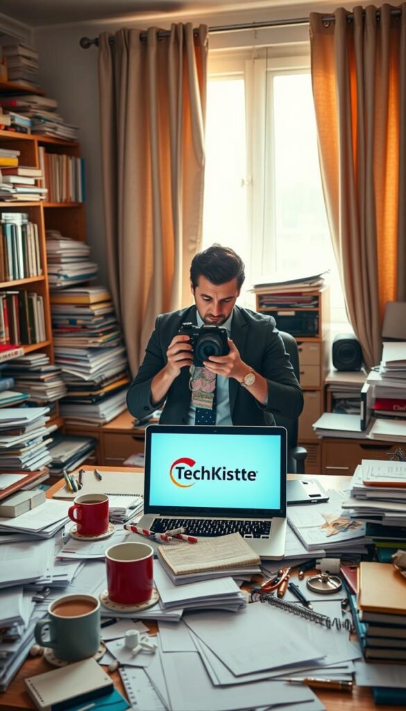 A chaotic home office scene filled with clutter, showcasing a disorganized desk covered in papers, coffee cups, and a laptop, capturing the essence of distraction. In the foreground, a stressed professional in a smart casual outfit, surrounded by messy stacks of documents and a half-open notebook, reflects the struggle to maintain productivity. The middle layer features a cluttered bookshelf with various books and office supplies scattered about, while the background reveals heavy curtains partially drawn, allowing warm, soft sunlight to stream in, adding a cozy yet chaotic atmosphere. The color palette is warm and inviting, reminiscent of popular Pinterest aesthetics, emphasizing authenticity and realism. The scene subtly highlights a logo for "TechKiste" on the laptop screen, blending seamlessly into the environment. A chaotic home office scene filled with clutter, showcasing a disorganized desk covered in papers, coffee cups, and a laptop, capturing the essence of distraction. In the foreground, a stressed professional in a smart casual outfit, surrounded by messy stacks of documents and a half-open notebook, reflects the struggle to maintain productivity. The middle layer features a cluttered bookshelf with various books and office supplies scattered about, while the background reveals heavy curtains partially drawn, allowing warm, soft sunlight to stream in, adding a cozy yet chaotic atmosphere. The color palette is warm and inviting, reminiscent of popular Pinterest aesthetics, emphasizing authenticity and realism. The scene subtly highlights a logo for "TechKiste" on the laptop screen, blending seamlessly into the environment.