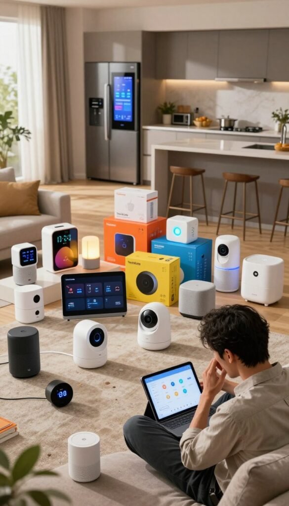 A chaotic smart home environment featuring a variety of mismatched connected devices from different brands, including lights, thermostats, security cameras, and smart speakers scattered around a modern living room. In the foreground, a frustrated individual in business casual attire sits on a couch, surrounded by an array of blinking devices and an open tablet displaying confusing app interfaces. In the middle, an assortment of colorful gadget boxes, labeled with brand names like "TechKiste," creates a visual clutter. The background shows a sleek modern kitchen with a smart refrigerator displaying notifications. Warm, natural lighting creates an inviting but hectic atmosphere, and a wide-angle perspective emphasizes the overwhelming nature of the scene. The overall mood conveys the complexities and frustrations of managing smart home technology.