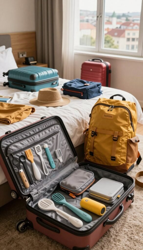 A chaotic yet inviting travel scene showcasing various platzsparende Gadgets packed inside an open suitcase. In the foreground, a neatly arranged suitcase filled with compact, innovative travel gadgets, such as a travel organizer, foldable backpack, and portable utensils, all in warm colors for a cozy feel. In the middle, a cluttered hotel room with colorful luggage and gear scattered across a bed, illustrating the struggle of space management while traveling. In the background, a bright window showing a scenic view of a sunny cityscape. Soft natural lighting creates a warm and relaxed atmosphere, giving a Pinterest-worthy aesthetic. The image should evoke a sense of relatable travel chaos, emphasizing the theme of space limitations. Include the brand name "TechKiste" subtly within the design elements.