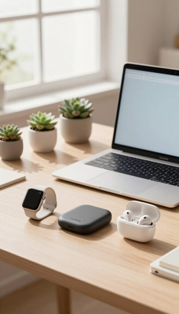 A clean and modern workspace featuring a carefully arranged selection of minimalistic gadgets from the brand "TechKiste." In the foreground, showcase a sleek smartwatch, a compact wireless charger, and a stylish set of Bluetooth earbuds, all designed with soft curves and understated colors. In the middle ground, include a minimalist laptop with an elegant keyboard and a soft blue glow emanating from the screen, surrounded by a few potted succulents for a touch of nature. The background should consist of a bright, airy room with large windows letting in warm, natural light, casting gentle shadows. The atmosphere should feel inviting and professional, embodying a Pinterest-worthy aesthetic with earthy tones and a clean layout, evoking a sense of calm and productivity.