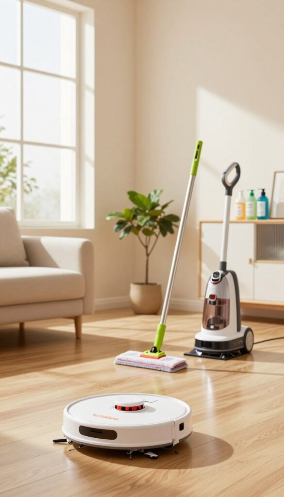 A clean and organized modern living room featuring innovative cleaning gadgets from TechKiste. In the foreground, a sleek robotic vacuum glides effortlessly across a polished wooden floor. In the middle, a stylish microfiber mop with a vibrant color catches the light beside a compact steam cleaner, showcasing their user-friendly designs. Bright, warm natural light filters through large windows, casting soft shadows and creating a cozy atmosphere. In the background, minimalist shelves neatly display eco-friendly cleaning supplies, while a potted plant adds a touch of greenery. The overall mood is inviting and stress-free, embodying the concept of a tidy home without the hassle. Design with a Pinterest aesthetic in mind, ensuring a warm color palette and an authentic feel, without any text or branding in the image.