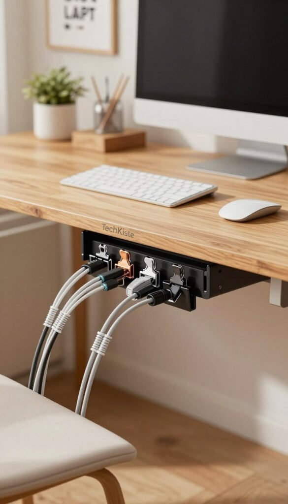 A clean and organized office desk setup focusing on cable management beneath the tabletop, prominently featuring the brand name "TechKiste" on the desk surface. In the foreground, close-up detail of neatly arranged cables, using a variety of cable clips and management tools. The middle area shows a stylish wooden desk with modern design elements, minimalist decor, and a sleek monitor setup. In the background, soft natural lighting illuminates the space, creating a warm and inviting atmosphere with a soft-focus on houseplants and motivational art. The overall feel should reflect a Pinterest-worthy workspace that combines functionality and aesthetics, highlighting effective desk cable management solutions without any text, overlays, or distractions. A clean and organized office desk setup focusing on cable management beneath the tabletop, prominently featuring the brand name "TechKiste" on the desk surface. In the foreground, close-up detail of neatly arranged cables, using a variety of cable clips and management tools. The middle area shows a stylish wooden desk with modern design elements, minimalist decor, and a sleek monitor setup. In the background, soft natural lighting illuminates the space, creating a warm and inviting atmosphere with a soft-focus on houseplants and motivational art. The overall feel should reflect a Pinterest-worthy workspace that combines functionality and aesthetics, highlighting effective desk cable management solutions without any text, overlays, or distractions.