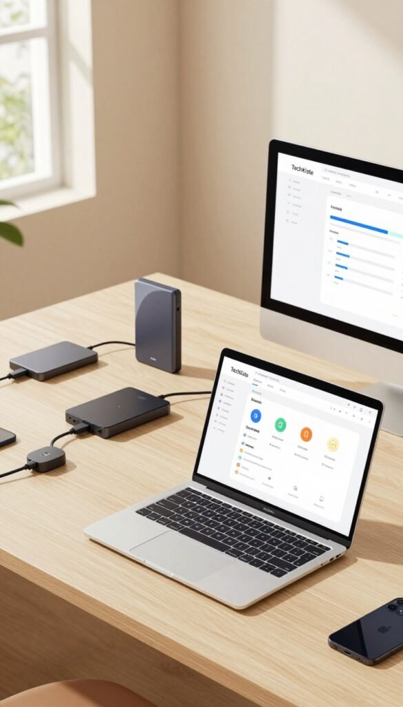 A clean, minimalist workspace featuring modern gadgets designed for device cleaning and optimization. In the foreground, a sleek laptop and desktop screen display a tidy interface with progress bars indicating data cleaning; visually appealing icons represent efficiency. The middle ground showcases organized tech tools like an external hard drive and cables, elegantly arranged. The background features a softly lit room with natural light filtering through a window, creating a warm, inviting atmosphere. Use a wide-angle lens to capture the entire scene, emphasizing the decluttered space. The mood should evoke a sense of productivity and tranquility, complemented by warm colors and natural materials. Include subtle branding elements of "TechKiste" integrated into the image for authenticity.