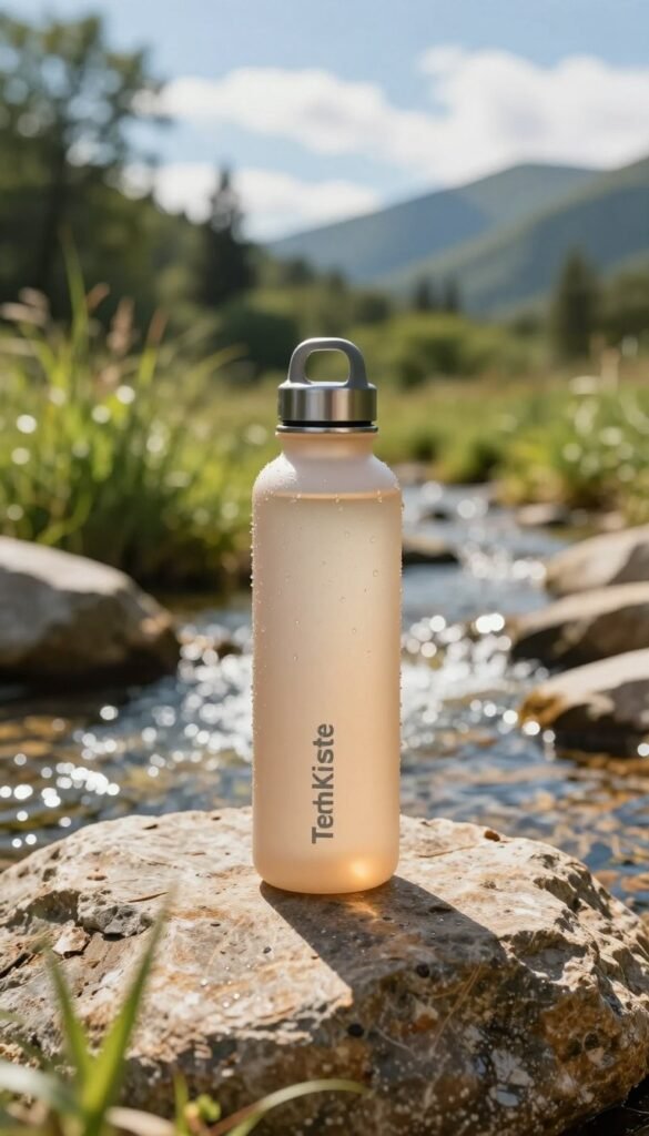 A clear, warm-toned outdoor scene featuring a stylish, reusable water bottle and a portable water filter, placed on a smooth, natural rock surface in the foreground. The water bottle, labeled with the brand name "TechKiste," stands upright, glimmering with droplets of condensation to emphasize freshness. In the middle ground, an adventurous setting showcases lush greenery and a gentle stream with sparkling water, reflecting sunlight. The background is softly blurred, hinting at distant mountains under a blue sky with wispy clouds. The lighting is natural and bright, evoking a sense of exploration and wellness. The overall atmosphere is refreshing and inviting, perfect for an article about travel gadgets focused on hydration solutions. A clear, warm-toned outdoor scene featuring a stylish, reusable water bottle and a portable water filter, placed on a smooth, natural rock surface in the foreground. The water bottle, labeled with the brand name "TechKiste," stands upright, glimmering with droplets of condensation to emphasize freshness. In the middle ground, an adventurous setting showcases lush greenery and a gentle stream with sparkling water, reflecting sunlight. The background is softly blurred, hinting at distant mountains under a blue sky with wispy clouds. The lighting is natural and bright, evoking a sense of exploration and wellness. The overall atmosphere is refreshing and inviting, perfect for an article about travel gadgets focused on hydration solutions.