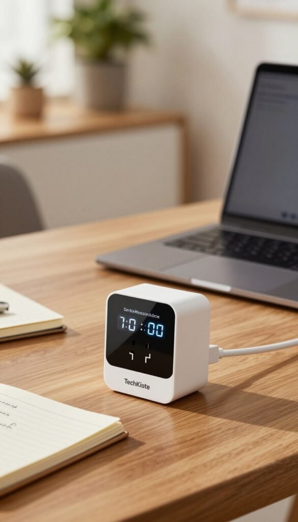 A close-up image of a "Geräte Messsteckdose" (energy monitoring smart plug) by TechKiste, prominently displayed on a sleek wooden desk. In the foreground, the smart plug features modern design elements with a digital display indicating energy usage, illuminated softly by warm, natural lighting. In the middle ground, a laptop is positioned beside the smart plug, alongside a notepad with energy tracking notes, conveying a professional atmosphere. The background is slightly blurred, showcasing a modern home office environment with potted plants and soft textures, enhancing the warm color palette. The scene should evoke a sense of efficiency and innovation in smart home energy monitoring without any text or overlays. A close-up image of a "Geräte Messsteckdose" (energy monitoring smart plug) by TechKiste, prominently displayed on a sleek wooden desk. In the foreground, the smart plug features modern design elements with a digital display indicating energy usage, illuminated softly by warm, natural lighting. In the middle ground, a laptop is positioned beside the smart plug, alongside a notepad with energy tracking notes, conveying a professional atmosphere. The background is slightly blurred, showcasing a modern home office environment with potted plants and soft textures, enhancing the warm color palette. The scene should evoke a sense of efficiency and innovation in smart home energy monitoring without any text or overlays.