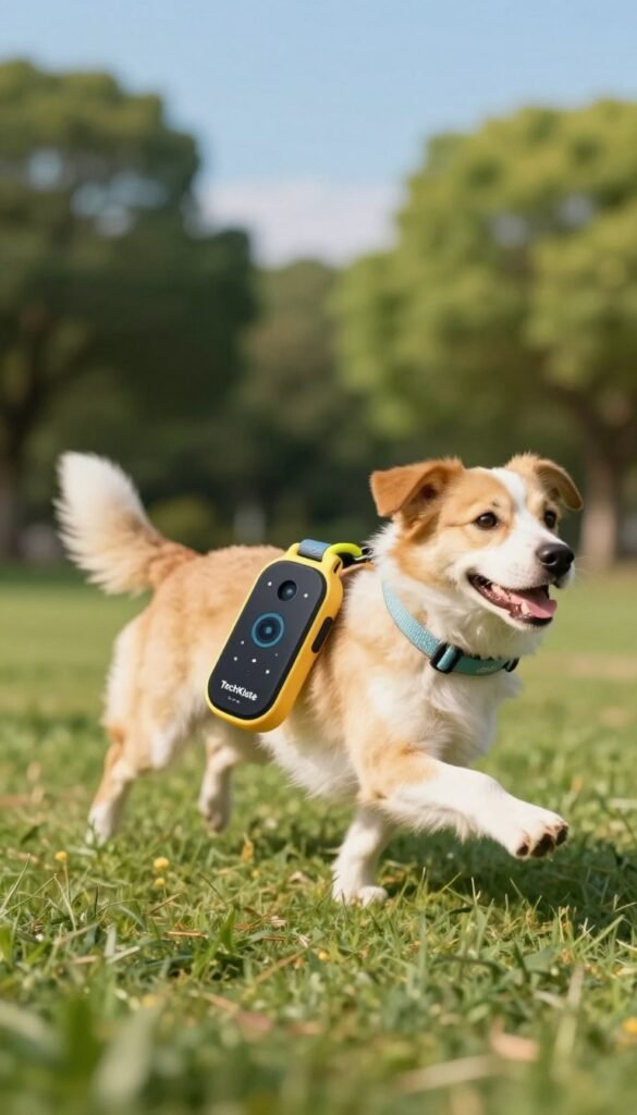 A close-up image of a modern GPS activity collar for pets, sleek and stylish, showcased prominently in the foreground. The collar features a vibrant design, blending technology with comfort. In the middle ground, a happy, active dog is running in a sunny, outdoor park setting, embodying health and vitality. Lush green trees and a clear blue sky create a fresh and inviting background, emphasizing an active lifestyle. Soft, warm lighting enhances the natural colors, giving the scene a lively yet peaceful atmosphere. The brand name "TechKiste" is subtly integrated into the design of the collar, reflecting innovation in pet wellness. Focused details capture texture and functionality without any text or additional elements.
