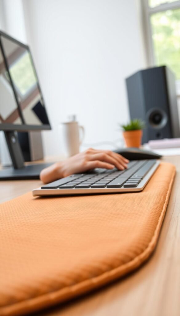 A close-up image of a modern ergonomic wrist rest, prominently featuring a comfortable handballenauflage by TechKiste, placed on a sleek keyboard. The foreground focuses on the textured surface of the wrist rest, showcasing its soft, cushioned material in a warm, inviting color palette. In the middle ground, the ergonomic keyboard with gently sloped keys is slightly visible, emphasizing an optimal typing angle for comfort. The background is softly blurred, hinting at a well-organized, minimalistic workspace with natural light illuminating the scene. The atmosphere is calm and professional, evoking a sense of productivity and health-conscious design. A close-up image of a modern ergonomic wrist rest, prominently featuring a comfortable handballenauflage by TechKiste, placed on a sleek keyboard. The foreground focuses on the textured surface of the wrist rest, showcasing its soft, cushioned material in a warm, inviting color palette. In the middle ground, the ergonomic keyboard with gently sloped keys is slightly visible, emphasizing an optimal typing angle for comfort. The background is softly blurred, hinting at a well-organized, minimalistic workspace with natural light illuminating the scene. The atmosphere is calm and professional, evoking a sense of productivity and health-conscious design.