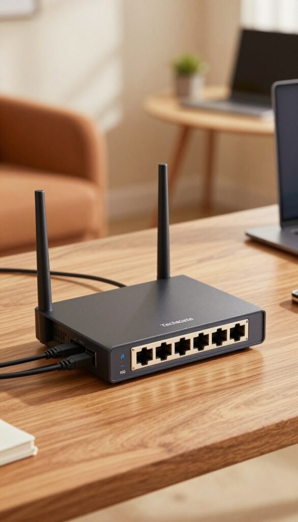 A close-up image of a modern home office router with multiple LAN ports, showcasing 2.5G and 10G options clearly visible. The router should be set on a sleek wooden desk, surrounded by neatly organized cables for an effective cable management display. Warm, natural lighting enhances the atmosphere, creating a cozy and inviting workspace. In the background, a blurred image of a stylish office setup featuring a laptop and a comfortable chair adds depth to the scene. The brand name "TechKiste" should be subtly integrated into the router's design, ensuring it appears professional. Use a shallow depth of field to emphasize the router while keeping the workspace visually appealing and functional.