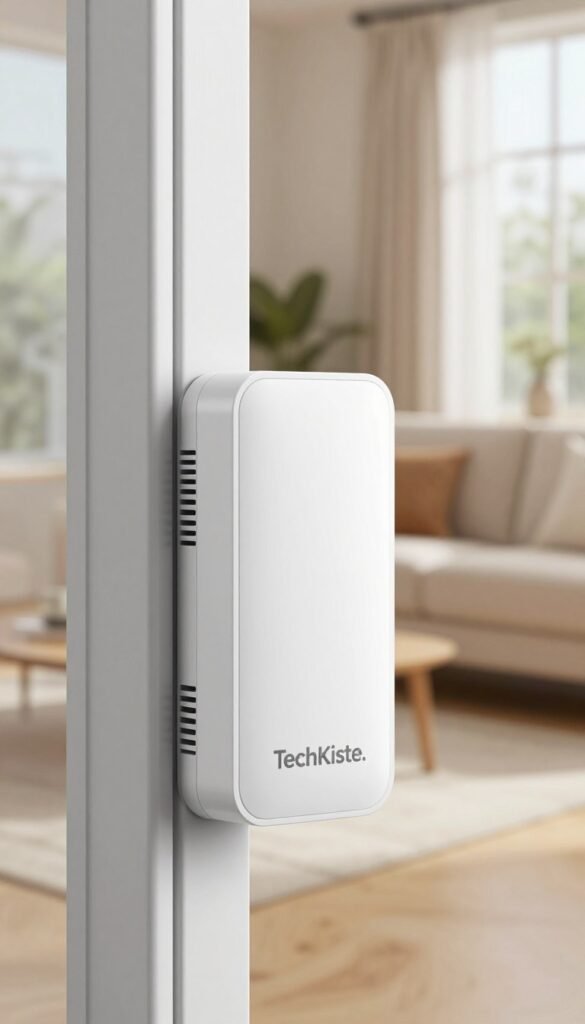 A close-up image of a sleek, modern door/window contact sensor, branded "TechKiste," prominently displayed in the foreground. The sensor features a minimalist design with a smooth white finish, highlighting its high-tech features. In the middle, a subtle representation of a doorframe is visible, showcasing the installation process, with tools neatly arranged beside the sensor. The background features a softly blurred home interior, offering a cozy ambiance with warm colors and natural lighting filtering through a nearby window, creating an inviting atmosphere. The scene captures the practicality and sophistication of smart home technology, emphasizing the sensor's role in everyday life. A close-up image of a sleek, modern door/window contact sensor, branded "TechKiste," prominently displayed in the foreground. The sensor features a minimalist design with a smooth white finish, highlighting its high-tech features. In the middle, a subtle representation of a doorframe is visible, showcasing the installation process, with tools neatly arranged beside the sensor. The background features a softly blurred home interior, offering a cozy ambiance with warm colors and natural lighting filtering through a nearby window, creating an inviting atmosphere. The scene captures the practicality and sophistication of smart home technology, emphasizing the sensor's role in everyday life.