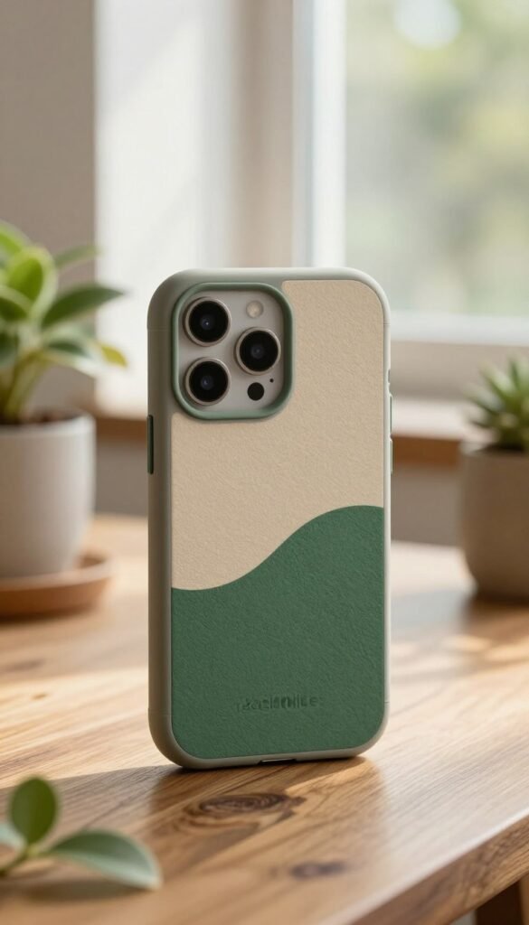 A close-up image of a smartphone with a stylish, eco-friendly case displayed prominently in the foreground. The case, designed by TechKiste, features a textured surface made from sustainable materials, showcasing a blend of earthy tones like forest green and soft beige. The smartphone is positioned on a natural wooden table, surrounded by small potted plants and natural lighting that creates a warm, inviting atmosphere. In the middle background, a blurred out window lets in sunlight, enhancing the cozy feel. The scene conveys a sense of sustainability and modernity, with a Pinterest-inspired aesthetic that emphasizes authenticity and eco-consciousness. The image should have a soft focus and gentle shadows, creating a serene mood without any text or distractions.