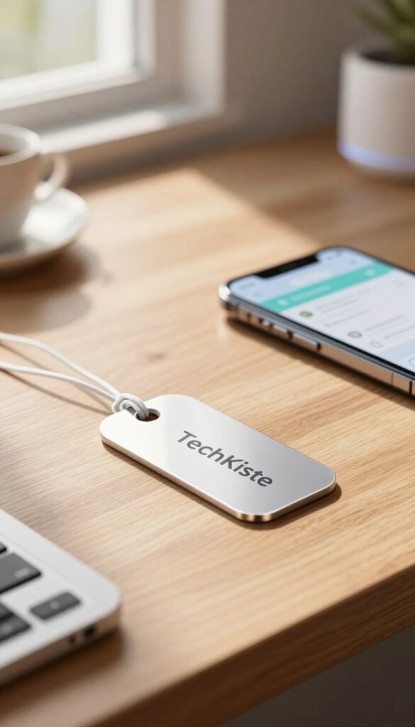 A close-up image of an NFC tag placed on a sleek, modern wooden desk, illuminated by warm, natural light streaming in from a nearby window. The tag is glossy and features a minimalistic design with the brand name "TechKiste" subtly integrated into its surface. In the background, soft-focus elements include a smartphone displaying an NFC interface and smart home devices, suggesting automation and connectivity. The atmosphere feels inviting and efficient, embodying the idea of technology simplifying daily routines. The composition should emphasize a clean, organized workspace, evoking a sense of productivity and innovation. The warm color palette contributes to a harmonious, minimalist aesthetic.