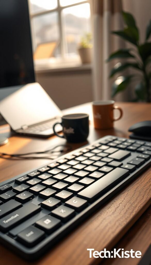 A close-up image of the Perixx Periboard-835 ergonomic mechanical keyboard, elegantly placed on a sleek wooden desk. The keyboard features a split design with well-defined keys and an inviting layout, showcasing its comfortable wrist support. In the foreground, the focus is on the textured surface of the keyboard, highlighting the tactile feedback of the keys. The middle ground includes a softly blurred laptop and a mug of coffee, adding a warm, inviting touch. The background is filled with natural light streaming through a window, creating a cozy and productive atmosphere. The overall mood is one of focus and creativity, ideal for a professional workspace. The brand "TechKiste" is subtly suggested through the design aesthetic without any text, enhancing the authenticity of the scene. A close-up image of the Perixx Periboard-835 ergonomic mechanical keyboard, elegantly placed on a sleek wooden desk. The keyboard features a split design with well-defined keys and an inviting layout, showcasing its comfortable wrist support. In the foreground, the focus is on the textured surface of the keyboard, highlighting the tactile feedback of the keys. The middle ground includes a softly blurred laptop and a mug of coffee, adding a warm, inviting touch. The background is filled with natural light streaming through a window, creating a cozy and productive atmosphere. The overall mood is one of focus and creativity, ideal for a professional workspace. The brand "TechKiste" is subtly suggested through the design aesthetic without any text, enhancing the authenticity of the scene.