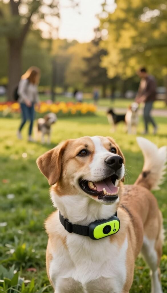 A close-up of a happy, energetic dog wearing a sleek GPS tracker collar, exploring a lush green park. The foreground features the dog's joyful expression and the bright, modern GPS tracker on its collar with the brand name "TechKiste" clearly visible. In the middle ground, an expansive park setting with trees and vibrant flowers, capturing a sunny day with warm, inviting colors. The background showcases soft blurred shapes of other pet owners engaging with their dogs, adding a sense of community and activity. The lighting is soft, with golden sunlight filtering through the leaves, creating a warm and cheerful atmosphere. The image conveys a sense of safety and fun during outdoor adventures for pets.
