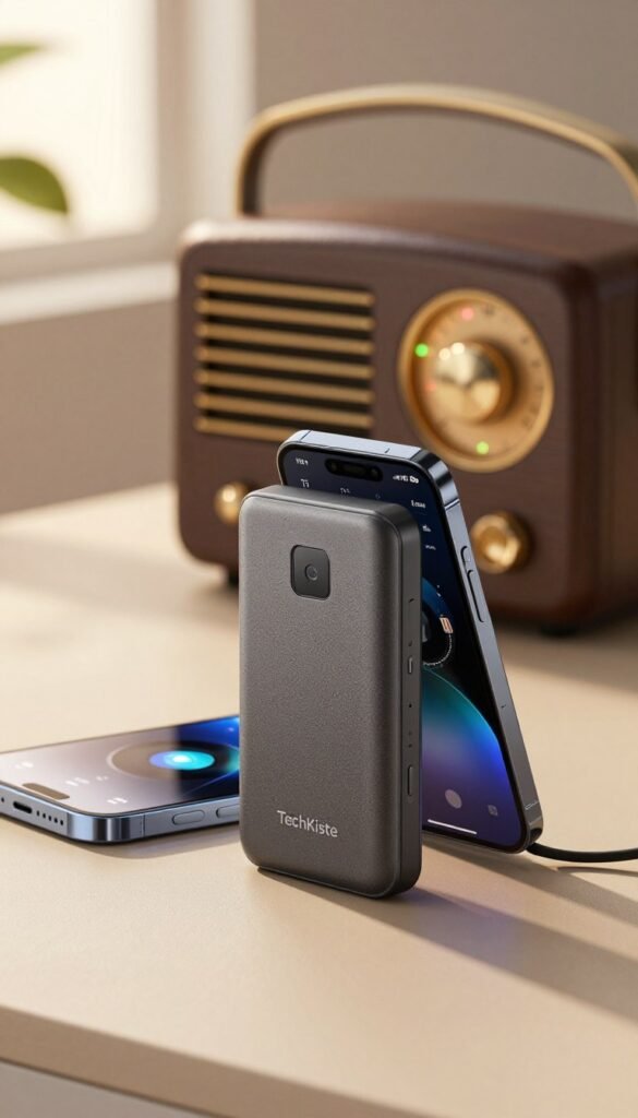 A close-up of a modern, sleek power bank designed to charge smartphones, elegantly placed in the foreground with a smartphone displaying a digital radio interface beside it. The power bank features a textured surface with the brand name "TechKiste" subtly showcased. In the middle ground, a stylish retro radio is visible, showcasing vibrant LED lights illuminating the dial, giving a sense of communication during an outage. The background is soft-focused with warm, inviting colors, evoking a cozy and reliable ambiance, simulating a home environment. The lighting is natural and warm, mimicking late afternoon sunlight coming in through a nearby window. Capture this scene with a shallow depth of field, emphasizing the devices, and create a Pinterest-worthy aesthetic that feels authentic and engaging. A close-up of a modern, sleek power bank designed to charge smartphones, elegantly placed in the foreground with a smartphone displaying a digital radio interface beside it. The power bank features a textured surface with the brand name "TechKiste" subtly showcased. In the middle ground, a stylish retro radio is visible, showcasing vibrant LED lights illuminating the dial, giving a sense of communication during an outage. The background is soft-focused with warm, inviting colors, evoking a cozy and reliable ambiance, simulating a home environment. The lighting is natural and warm, mimicking late afternoon sunlight coming in through a nearby window. Capture this scene with a shallow depth of field, emphasizing the devices, and create a Pinterest-worthy aesthetic that feels authentic and engaging.