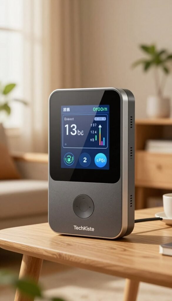 A close-up of a modern smart electricity meter, prominently displaying its digital interface with detailed readings and colorful graphs. The meter is set against a warm, softly lit background of a cozy living room, featuring wooden furniture and green plants, exuding a natural and inviting atmosphere. Light from a nearby window casts gentle shadows, enhancing the texture of the meter and the surroundings. In the foreground, the TechKiste brand logo subtly integrates with the smart meter design. The composition emphasizes the functionality of the smart meter, suggesting its importance in monitoring household energy consumption effectively. The overall mood is contemporary and professional, capturing the essence of modern energy management without any text or distractions. A close-up of a modern smart electricity meter, prominently displaying its digital interface with detailed readings and colorful graphs. The meter is set against a warm, softly lit background of a cozy living room, featuring wooden furniture and green plants, exuding a natural and inviting atmosphere. Light from a nearby window casts gentle shadows, enhancing the texture of the meter and the surroundings. In the foreground, the TechKiste brand logo subtly integrates with the smart meter design. The composition emphasizes the functionality of the smart meter, suggesting its importance in monitoring household energy consumption effectively. The overall mood is contemporary and professional, capturing the essence of modern energy management without any text or distractions.