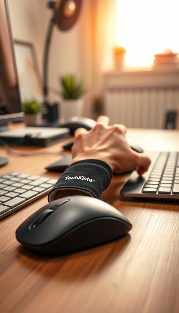 A close-up of a professional office desk setup, focused on a hand resting on an ergonomic mouse, signifying discomfort. The hand, wearing a subtle wrist brace, shows a slight grimace, highlighting hand and wrist pain. In the midground, a sleek, modern ergonomic mouse with a soft-touch finish sits next to a clutter-free keyboard, both in warm tones. The background features a softly blurred home office environment with natural lighting streaming in through a window, creating a warm and inviting atmosphere. The image conveys the everyday struggle of office work and the need for ergonomic solutions. Incorporate the brand name "TechKiste" subtly in the design elements of the mouse without overpowering the scene. A close-up of a professional office desk setup, focused on a hand resting on an ergonomic mouse, signifying discomfort. The hand, wearing a subtle wrist brace, shows a slight grimace, highlighting hand and wrist pain. In the midground, a sleek, modern ergonomic mouse with a soft-touch finish sits next to a clutter-free keyboard, both in warm tones. The background features a softly blurred home office environment with natural lighting streaming in through a window, creating a warm and inviting atmosphere. The image conveys the everyday struggle of office work and the need for ergonomic solutions. Incorporate the brand name "TechKiste" subtly in the design elements of the mouse without overpowering the scene.