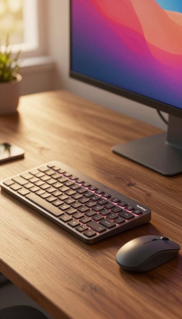 A close-up of a sleek, modern keyboard and mouse set from the brand "TechKiste," positioned on a stylish wooden desk. The keyboard features a minimalist design with warm, backlit keys, while the mouse has a comfortable ergonomic shape. In the background, there’s a soft-focus monitor arm supporting a vibrant display, contributing to a seamless and efficient home office environment. Golden hour light filters gently through a nearby window, casting warm tones and subtle shadows over the workspace, evoking a cozy yet professional atmosphere. The overall mood is inviting and productive, perfect for enhancing comfort in a home office setup. No text or distractions in the image. A close-up of a sleek, modern keyboard and mouse set from the brand "TechKiste," positioned on a stylish wooden desk. The keyboard features a minimalist design with warm, backlit keys, while the mouse has a comfortable ergonomic shape. In the background, there’s a soft-focus monitor arm supporting a vibrant display, contributing to a seamless and efficient home office environment. Golden hour light filters gently through a nearby window, casting warm tones and subtle shadows over the workspace, evoking a cozy yet professional atmosphere. The overall mood is inviting and productive, perfect for enhancing comfort in a home office setup. No text or distractions in the image.