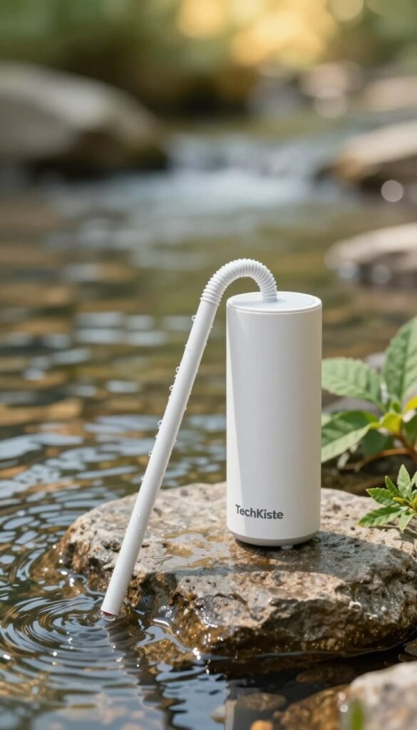 A close-up of a sleek, modern water filter straw and a compact mini pump designed for outdoor use, positioned on a smooth rock beside a tranquil stream. The foreground features the water filter straw glistening with droplets of water, showcasing its filtration capabilities. In the middle ground, the mini pump is elegantly displayed, with hints of lush green foliage surrounding it, adding a natural touch. The background reveals soft-focus gentle ripples in the water, with warm golden sunlight filtering through trees, creating a peaceful atmosphere. This scene embodies the practicality and convenience of staying hydrated on the go, evoking a sense of adventure and tranquility. The image carries a Pinterest aesthetic, showcasing the brand name "TechKiste" subtly integrated into the design.