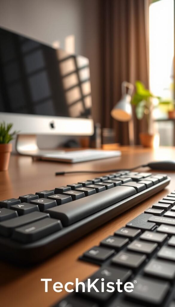 A close-up of an ergonomic keyboard featuring a distinctive hand palm rest, showcasing its smooth contours and texture in a modern office setting. The foreground focuses on the keyboard's design details, highlighting its comfortable palm support and unique key layout. In the middle, a warm, inviting workspace includes a sleek desk, a stylish monitor, and soft natural lighting filtering through a nearby window, creating a cozy atmosphere. The background subtly includes hints of greenery, such as a small potted plant, enhancing the scene's freshness. The entire image should exude a professional yet inviting mood, reflecting the balance between functionality and aesthetics, with a clean and modern Pinterest-inspired look. Incorporate the brand name "TechKiste" in a tasteful manner, ensuring it blends seamlessly into the overall design. A close-up of an ergonomic keyboard featuring a distinctive hand palm rest, showcasing its smooth contours and texture in a modern office setting. The foreground focuses on the keyboard's design details, highlighting its comfortable palm support and unique key layout. In the middle, a warm, inviting workspace includes a sleek desk, a stylish monitor, and soft natural lighting filtering through a nearby window, creating a cozy atmosphere. The background subtly includes hints of greenery, such as a small potted plant, enhancing the scene's freshness. The entire image should exude a professional yet inviting mood, reflecting the balance between functionality and aesthetics, with a clean and modern Pinterest-inspired look. Incorporate the brand name "TechKiste" in a tasteful manner, ensuring it blends seamlessly into the overall design.