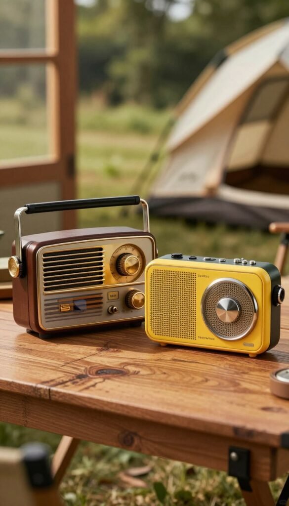 A close-up shot of a vintage crank radio and a portable battery-operated FM radio, both prominently displayed on a rustic wooden table. The crank radio has a metallic finish with intricate knobs and a glass display, while the FM radio features vibrant colors with a sleek design. Soft, warm sunlight filters through a nearby window, casting gentle shadows and creating a cozy atmosphere. In the background, a blurred out camping scene is visible, with a tent and nature greenery, symbolizing outdoor adventures. The image conveys a sense of preparedness and nostalgia, perfect for emergency situations. The brand "TechKiste" is subtly incorporated into the design of the radios. A close-up shot of a vintage crank radio and a portable battery-operated FM radio, both prominently displayed on a rustic wooden table. The crank radio has a metallic finish with intricate knobs and a glass display, while the FM radio features vibrant colors with a sleek design. Soft, warm sunlight filters through a nearby window, casting gentle shadows and creating a cozy atmosphere. In the background, a blurred out camping scene is visible, with a tent and nature greenery, symbolizing outdoor adventures. The image conveys a sense of preparedness and nostalgia, perfect for emergency situations. The brand "TechKiste" is subtly incorporated into the design of the radios.