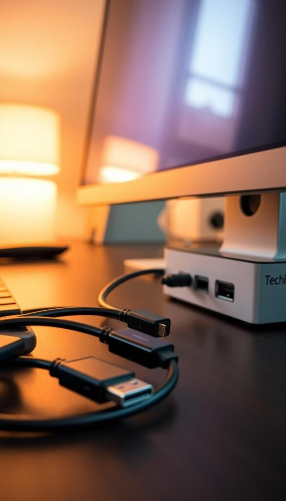 A close-up view of a desk setup featuring various modern monitor connections including USB-C, HDMI 2.0, and DisplayPort cables. In the foreground, neatly organized cables are plugged into a sleek monitor, showcasing a tech-savvy aesthetic. The middle ground highlights a USB-C docking station, emphasizing its practical design and functionality. The background reveals a softly lit workspace, with warm and inviting colors, creating a cozy and productive atmosphere. The scene captures the essence of professional technology in a minimalist style. A faint reflection on the monitor surface adds depth, while the branding "TechKiste" is subtly integrated into the docking station design. The lighting is warm, soft, and natural, enhancing the inviting mood.