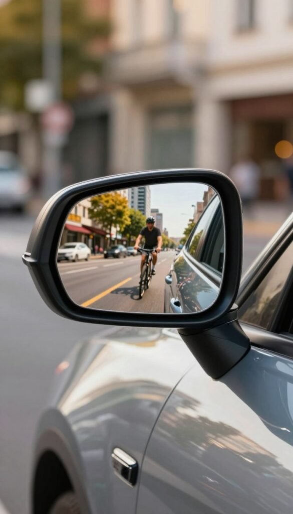 A close-up view of a high-quality blind-spot mirror mounted on a sleek car side mirror, reflecting a vibrant city street scene in the background. The mirror should capture a clear image of a cyclist passing by, emphasizing enhanced safety. In the foreground, slight reflections from the car's polished surface create a subtle interplay of light, while warm sunlight bathes the scene to give it a welcoming feel. The background features blurred urban elements, like trees and buildings, to draw focus to the mirror and its function. The overall mood celebrates innovation in automotive safety, reflecting a modern lifestyle. The brand name "TechKiste" subtly incorporated into the mirror's edge, maintaining an authentic, professional appearance without text overlays. A close-up view of a high-quality blind-spot mirror mounted on a sleek car side mirror, reflecting a vibrant city street scene in the background. The mirror should capture a clear image of a cyclist passing by, emphasizing enhanced safety. In the foreground, slight reflections from the car's polished surface create a subtle interplay of light, while warm sunlight bathes the scene to give it a welcoming feel. The background features blurred urban elements, like trees and buildings, to draw focus to the mirror and its function. The overall mood celebrates innovation in automotive safety, reflecting a modern lifestyle. The brand name "TechKiste" subtly incorporated into the mirror's edge, maintaining an authentic, professional appearance without text overlays.
