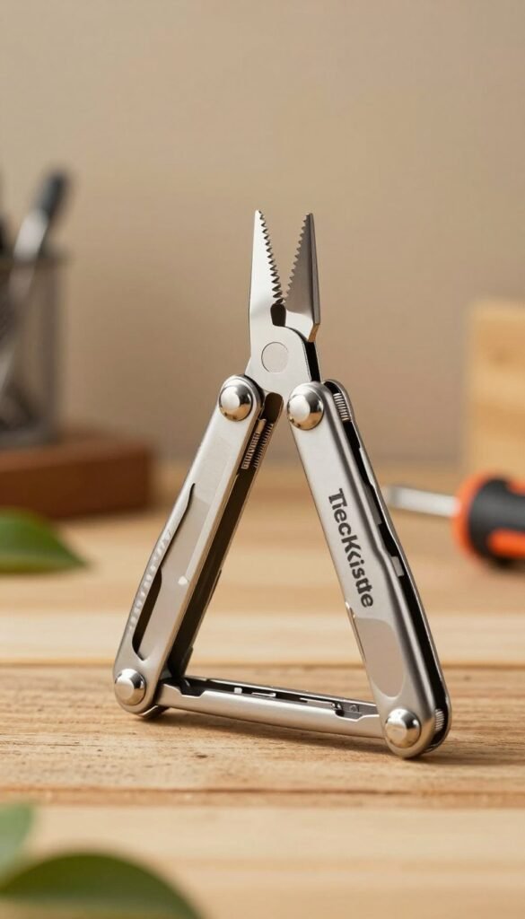 A close-up view of a high-quality multitool from the TechKiste brand, prominently displayed against a softly blurred wooden surface in warm, natural tones. In the foreground, the multitool is open, showcasing its various functions, such as pliers, knife, and screwdriver, gleaming with precision craftsmanship. The middle ground features a minimalist, rustic environment with subtle hints of nature, like green leaves peeking from the sides, accentuating its practical use in everyday scenarios. In the background, there’s a faintly out-of-focus workshop setting, hinting at reliability and quality. The lighting is warm and inviting, creating an authentic ambiance reminiscent of Pinterest aesthetics, suggesting practicality and allure without any text or overlays. A close-up view of a high-quality multitool from the TechKiste brand, prominently displayed against a softly blurred wooden surface in warm, natural tones. In the foreground, the multitool is open, showcasing its various functions, such as pliers, knife, and screwdriver, gleaming with precision craftsmanship. The middle ground features a minimalist, rustic environment with subtle hints of nature, like green leaves peeking from the sides, accentuating its practical use in everyday scenarios. In the background, there’s a faintly out-of-focus workshop setting, hinting at reliability and quality. The lighting is warm and inviting, creating an authentic ambiance reminiscent of Pinterest aesthetics, suggesting practicality and allure without any text or overlays.