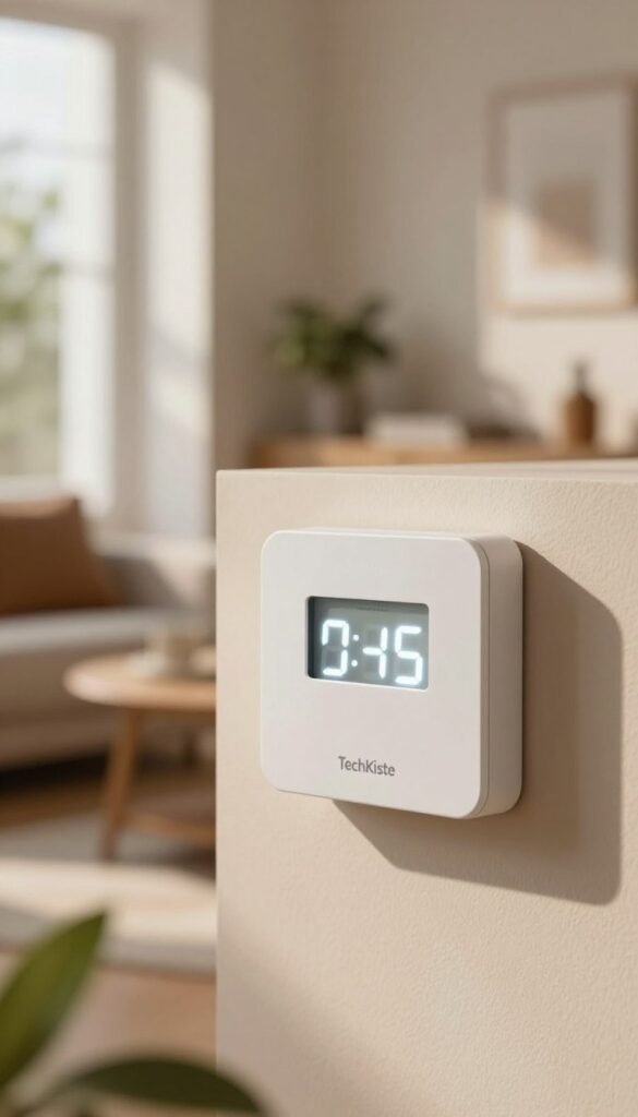 A close-up view of a modern digital "zeitschaltuhr" (timer switch) designed for smart home use, featuring a sleek, minimalist design and a glowing LED display showing the time set for activation. In the foreground, the timer is mounted on a stylish wall, complemented by a subtle texture that evokes warmth and authenticity. In the middle ground, blurred household items like plants and modern decor enhance the feel of a cozy living space. The background features soft, natural lighting filtering through a nearby window, casting gentle shadows. The overall atmosphere is calm and inviting, reflecting a sense of smart home efficiency. Include the brand name "TechKiste" subtly integrated into the design of the timer, ensuring no text or logos are visible in the image. A close-up view of a modern digital "zeitschaltuhr" (timer switch) designed for smart home use, featuring a sleek, minimalist design and a glowing LED display showing the time set for activation. In the foreground, the timer is mounted on a stylish wall, complemented by a subtle texture that evokes warmth and authenticity. In the middle ground, blurred household items like plants and modern decor enhance the feel of a cozy living space. The background features soft, natural lighting filtering through a nearby window, casting gentle shadows. The overall atmosphere is calm and inviting, reflecting a sense of smart home efficiency. Include the brand name "TechKiste" subtly integrated into the design of the timer, ensuring no text or logos are visible in the image.
