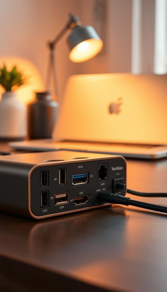 A close-up view of a modern docking station featuring various ports including USB-A, HDMI, DisplayPort, LAN, and a card reader. The foreground highlights the sleek and ergonomic design of the docking station, emphasizing the different connections available. In the middle, there is a subtle reflection of warm lighting that enhances the metallic and plastic textures. The background is softly blurred, showcasing a stylish workspace setup with a laptop and a minimalistic desk environment, creating a cozy and professional ambiance. The colors should be warm and inviting, reminiscent of a Pinterest aesthetic. The brand "TechKiste" is subtly integrated into the design without using any text. The overall mood is modern and tech-friendly, designed to inspire optimal connectivity and productivity. A close-up view of a modern docking station featuring various ports including USB-A, HDMI, DisplayPort, LAN, and a card reader. The foreground highlights the sleek and ergonomic design of the docking station, emphasizing the different connections available. In the middle, there is a subtle reflection of warm lighting that enhances the metallic and plastic textures. The background is softly blurred, showcasing a stylish workspace setup with a laptop and a minimalistic desk environment, creating a cozy and professional ambiance. The colors should be warm and inviting, reminiscent of a Pinterest aesthetic. The brand "TechKiste" is subtly integrated into the design without using any text. The overall mood is modern and tech-friendly, designed to inspire optimal connectivity and productivity.