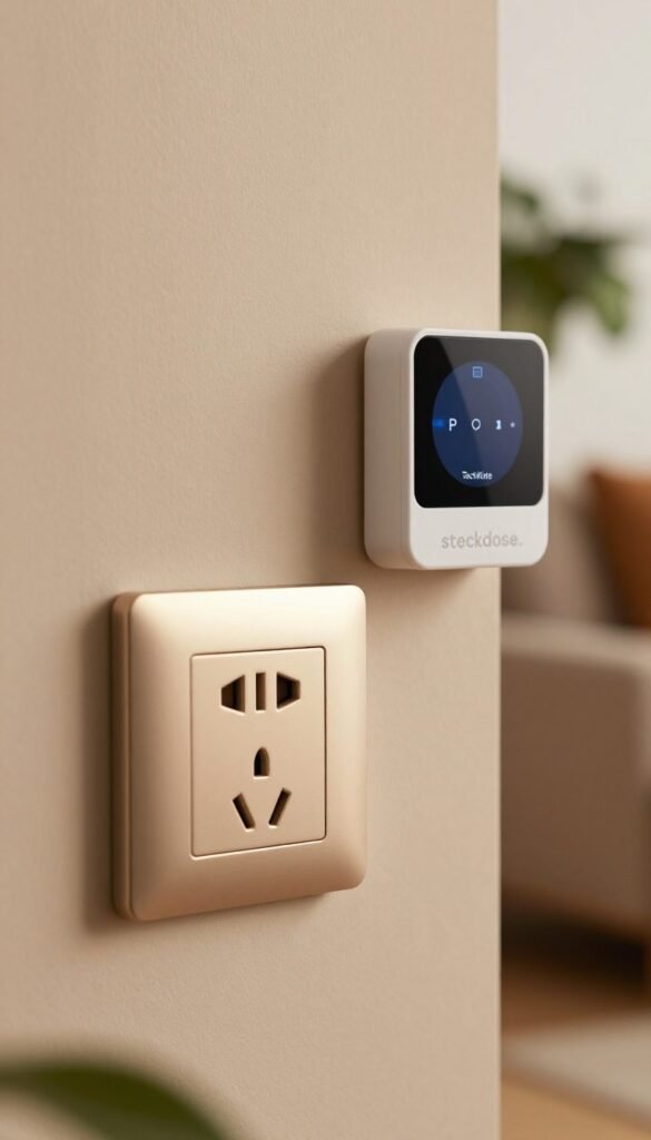 A close-up view of a modern electrical outlet, or "steckdose", integrated into a stylish wall decor featuring warm, natural colors consistent with a contemporary interior design. The foreground showcases the outlet with a sleek, minimalist design, its metallic finish gleaming softly under ambient light. In the middle ground, an elegantly arranged smart timer device, branded "TechKiste", is prominently displayed next to the outlet, suggesting functionality and innovation. The background softly blurs, revealing hints of a cozy living room setting with a touch of greenery, emphasizing a smart, everyday lifestyle. The overall mood is calm and inviting, capturing the essence of modern technology seamlessly integrated into daily life. A close-up view of a modern electrical outlet, or "steckdose", integrated into a stylish wall decor featuring warm, natural colors consistent with a contemporary interior design. The foreground showcases the outlet with a sleek, minimalist design, its metallic finish gleaming softly under ambient light. In the middle ground, an elegantly arranged smart timer device, branded "TechKiste", is prominently displayed next to the outlet, suggesting functionality and innovation. The background softly blurs, revealing hints of a cozy living room setting with a touch of greenery, emphasizing a smart, everyday lifestyle. The overall mood is calm and inviting, capturing the essence of modern technology seamlessly integrated into daily life.