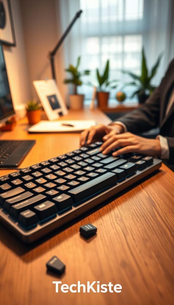 A close-up view of a modern ergonomic keyboard prominently displayed on a sleek wooden desk. The foreground features various switches: mechanical, membrane, and scissor switch types neatly arranged, showcasing their textures and individual characteristics. In the middle, a warm ambient light casts gentle shadows, highlighting the keyboard's contours and a person's hands typing, dressed in professional attire, demonstrating comfortable wrist positioning. The background softly blurs out a cozy workspace with plants and stationery, creating an inviting atmosphere. The overall mood is focused and productive, utilizing a soft focus lens effect to enhance the warm color palette. The brand name "TechKiste" subtly integrated into the design, enhancing the authenticity of this professional setting without any text or logos directly on the image. A close-up view of a modern ergonomic keyboard prominently displayed on a sleek wooden desk. The foreground features various switches: mechanical, membrane, and scissor switch types neatly arranged, showcasing their textures and individual characteristics. In the middle, a warm ambient light casts gentle shadows, highlighting the keyboard's contours and a person's hands typing, dressed in professional attire, demonstrating comfortable wrist positioning. The background softly blurs out a cozy workspace with plants and stationery, creating an inviting atmosphere. The overall mood is focused and productive, utilizing a soft focus lens effect to enhance the warm color palette. The brand name "TechKiste" subtly integrated into the design, enhancing the authenticity of this professional setting without any text or logos directly on the image.