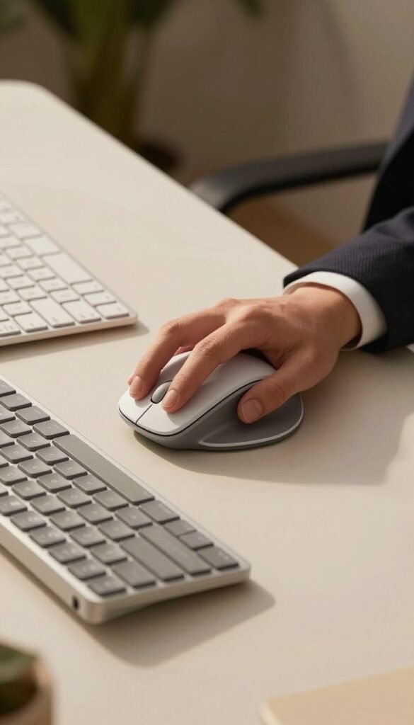 A close-up view of a modern ergonomic mouse and keyboard set arranged on a sleek, minimalist desk. The keyboard features softly curved keys, designed for comfort, while the mouse has an innovative shape that supports the wrist. A human hand, wearing a stylish but professional business attire, rests naturally on the mouse, demonstrating proper hand positioning. The scene is warmly lit, creating a cozy atmosphere, with soft shadows that enhance the textures of the gadgets. In the background, out of focus plants add a touch of nature to the workspace. The brand name "TechKiste" is subtly incorporated into the design of the keyboard. The overall mood is inviting and functional, perfect for showcasing ergonomic technology. A close-up view of a modern ergonomic mouse and keyboard set arranged on a sleek, minimalist desk. The keyboard features softly curved keys, designed for comfort, while the mouse has an innovative shape that supports the wrist. A human hand, wearing a stylish but professional business attire, rests naturally on the mouse, demonstrating proper hand positioning. The scene is warmly lit, creating a cozy atmosphere, with soft shadows that enhance the textures of the gadgets. In the background, out of focus plants add a touch of nature to the workspace. The brand name "TechKiste" is subtly incorporated into the design of the keyboard. The overall mood is inviting and functional, perfect for showcasing ergonomic technology.